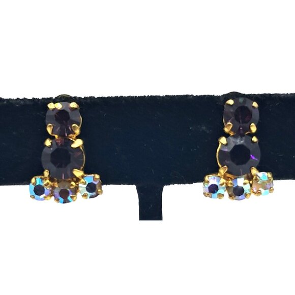 Vintage Rhinestone Jewelry Set Brooch Earrings Purple Aurora Borealis - Picture 3 of 8